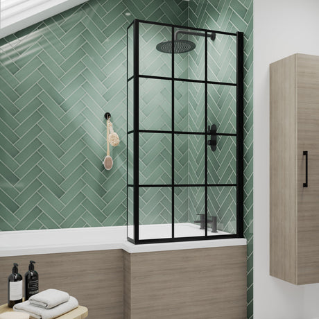 Nuie L-Shaped Hinged Bath Screen With Fixed Return - 6mm Glass (H1430 x W780-795mm) Matt Black NSBS7BF LS1