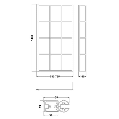 Nuie L-Shaped Hinged Bath Screen With Fixed Return - 6mm Glass (H1430 x W780-795mm) Matt Black NSBS7BF LD