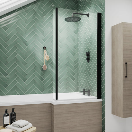 Nuie L-Shaped Fixed Bath Screen - 6mm Glass (H1400 x W800-815mm) Matt Black NSBS7BP LS1