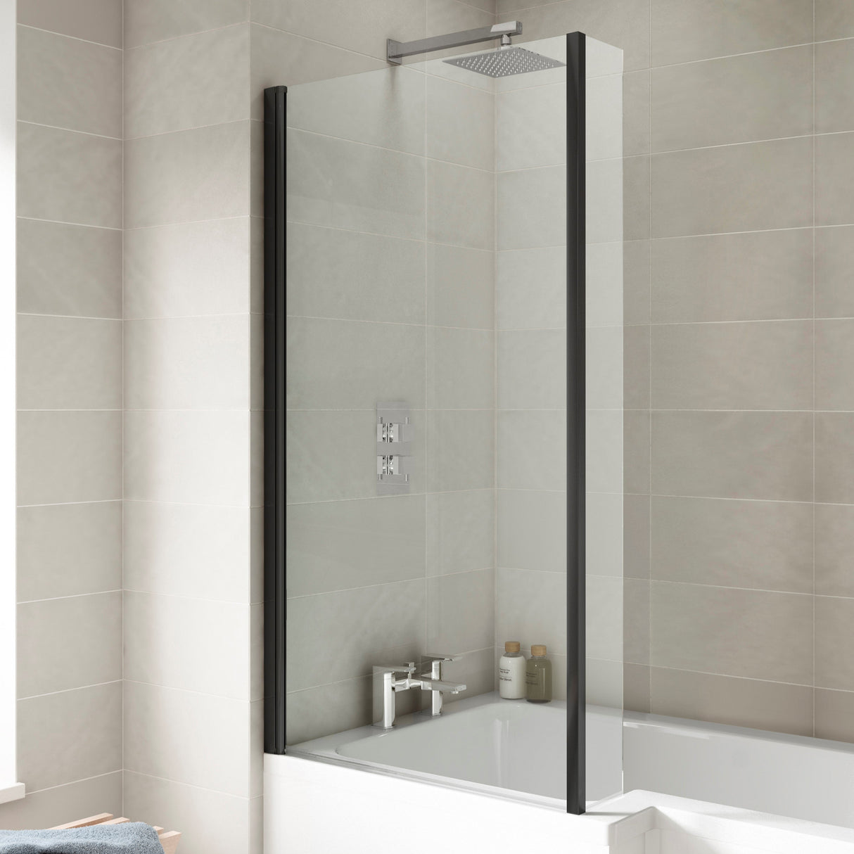 Nuie L-Shaped Fixed Bath Screen - 6mm Glass (H1400 x W800-815mm) Matt Black NSBS7BP LS2