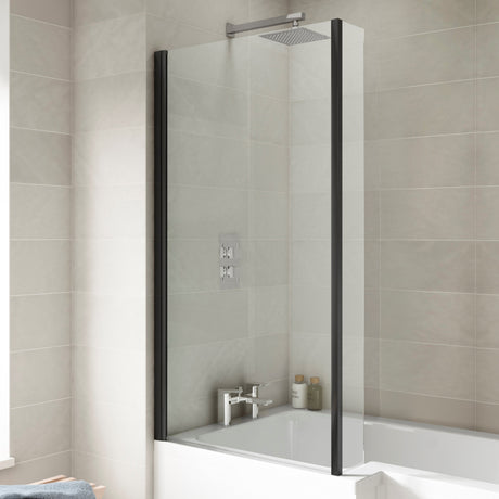 Nuie L-Shaped Fixed Bath Screen - 6mm Glass (H1400 x W800-815mm) Matt Black NSBS7BP LS2