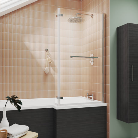 Nuie L-Shaped Fixed Bath Screen With Rail & Hinged Return - 6mm Glass (H1416 x W800-815mm) NSBSR1 LS