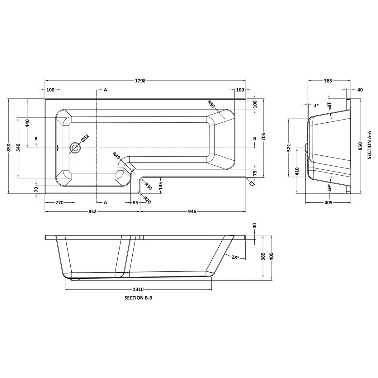 Nuie L-Shaped Shower Bath Without Bath Panel White NSK801S LD