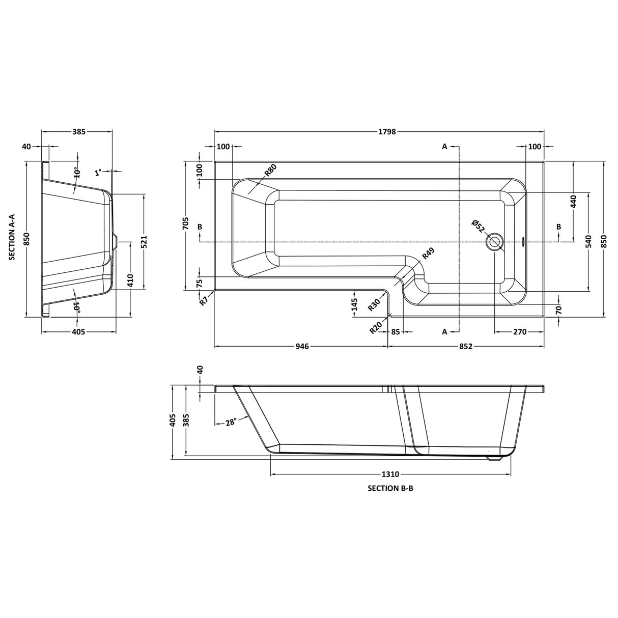 Nuie L-Shaped Shower Bath Without Bath Panel White NSK802S LD