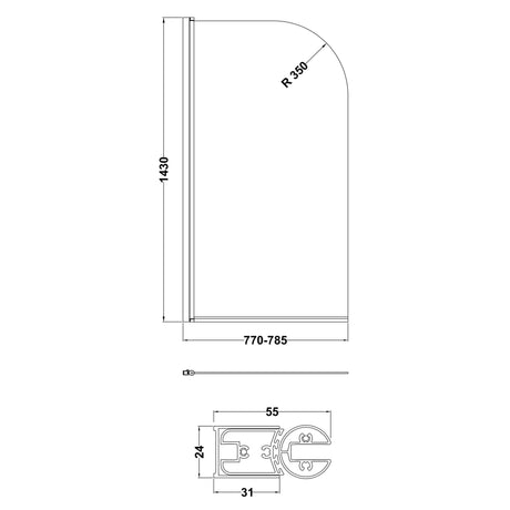Nuie Round Hinged Bath Screen 6mm Glass (H1430 x W775-790mm) Brushed Pewter NSS17 LD