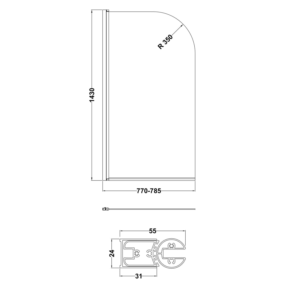 Nuie Round Hinged Bath Screen 6mm Glass (H1430 x W775-790mm) Chrome NSS1 LD