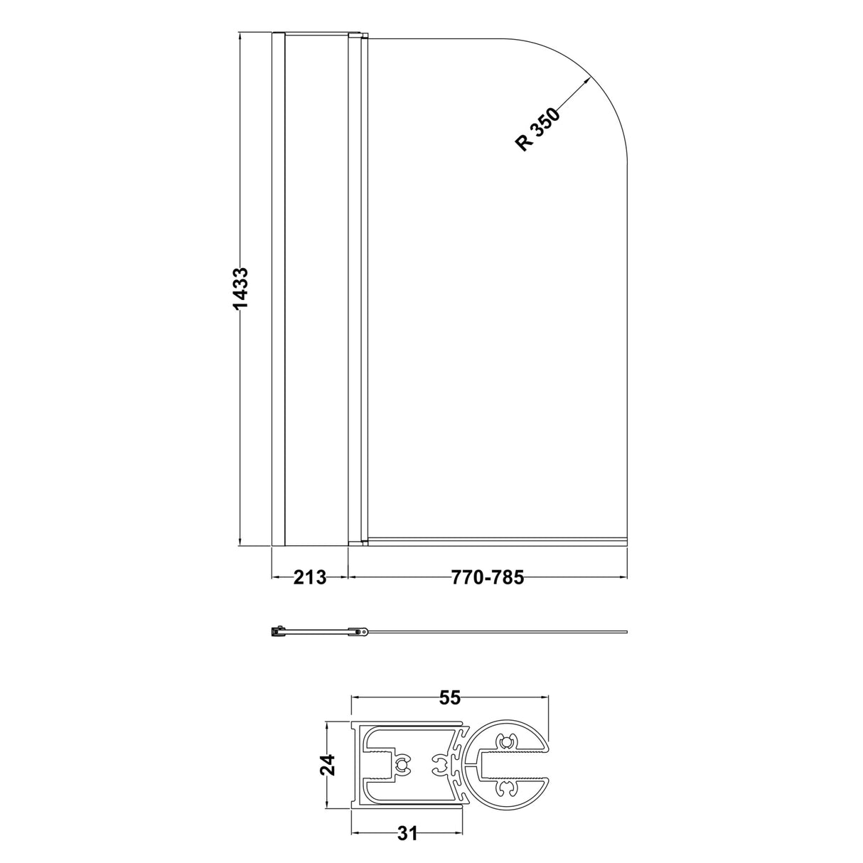 Nuie Round Hinged Bath Screen With Fixed Panel 6mm Glass (H1433 x W983-998mm) NSS2 LD