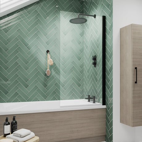 Nuie Square Hinged Bath Screen 6mm Glass (H1430 x W775-790mm) Matt Black NSS6BP LS1