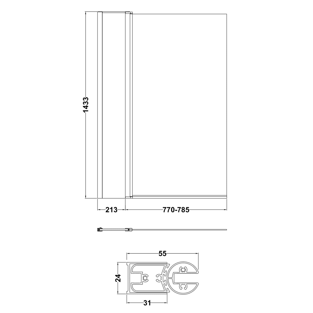 Nuie Square Hinged Bath Screen With Fixed Panel 6mm Glass (H1433 x W983-998mm) NSSQ1 LD