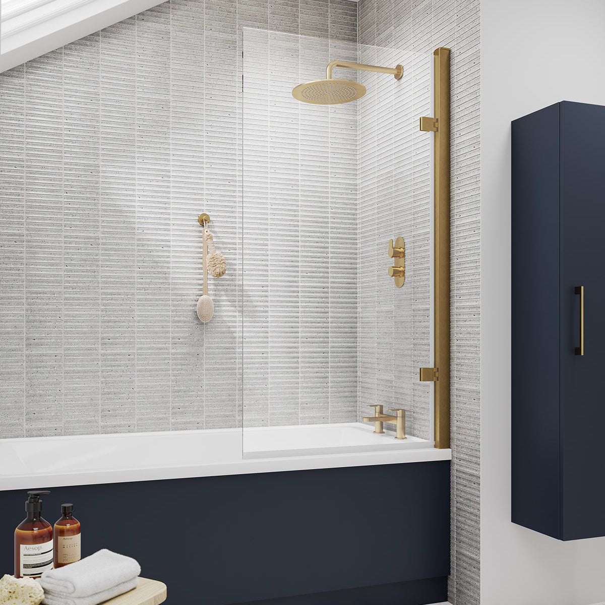 Nuie Square Hinged Bath Screen - 8mm Glass (H1520 x W815-830mm) Brushed Brass NSSQ78 LS