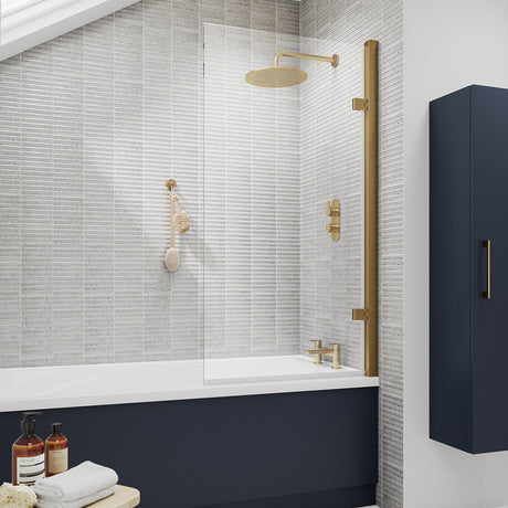 Nuie Square Hinged Bath Screen - 8mm Glass (H1520 x W815-830mm) Brushed Brass NSSQ78 LS