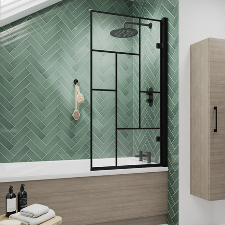 Nuie Abstract Square Hinged Bath Screen - 8mm Glass (H1520 x W815-830mm) Matt Black NSSQ7BB LS2