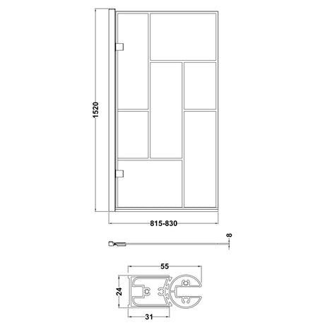 Nuie Abstract Square Hinged Bath Screen - 8mm Glass (H1520 x W815-830mm) Matt Black NSSQ7BB LD