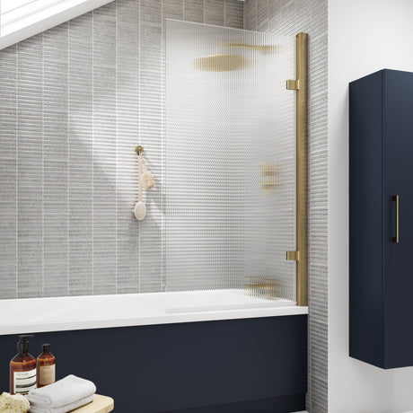 Nuie Fluted Square Hinged Bath Screen - 8mm Glass (H1520 x W815-830mm) Brushed Brass NSSQ7FLBB LS