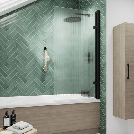 Nuie Fluted Square Hinged Bath Screen - 8mm Glass (H1520 x W815-830mm) Matt Black NSSQ7FLBP