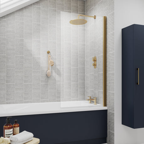 Nuie Square Hinged Bath Screen 6mm Glass (H1430 x W775-790mm) Brushed Brass NSSQ8 LS