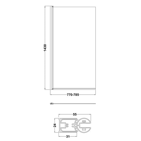 Nuie Square Hinged Bath Screen 6mm Glass (H1430 x W775-790mm) Brushed Brass NSSQ8 LD