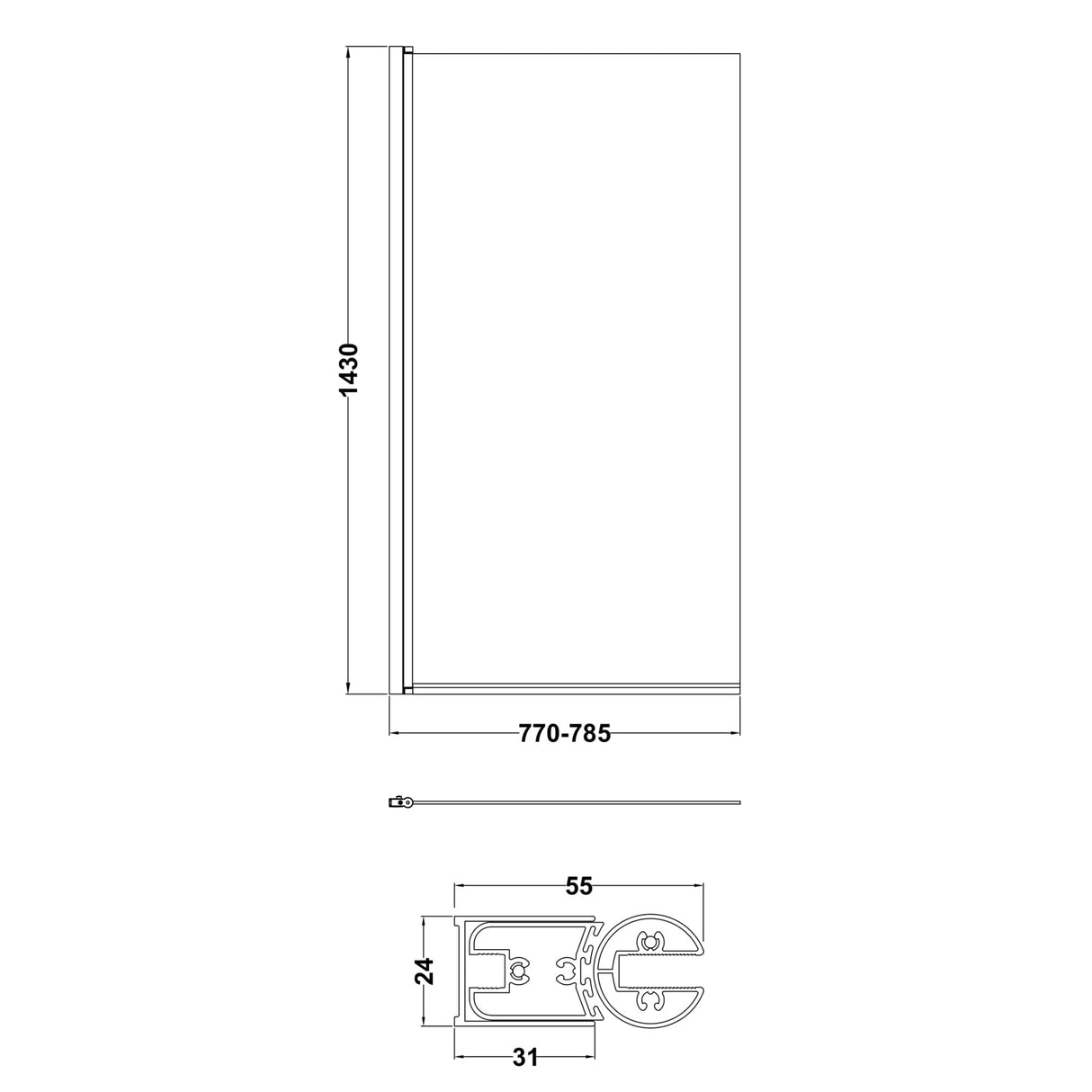 Nuie Square Hinged Bath Screen 6mm Glass (H1430 x W775-790mm) NSSQ LD