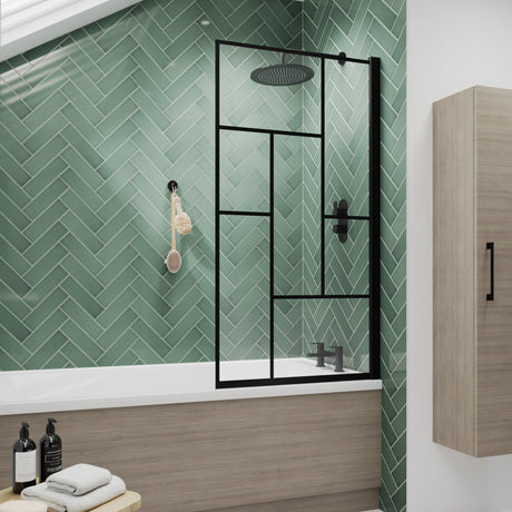 Nuie Abstract Square Hinged Bath Screen - 6mm Glass (H1430 x W775-790mm) Matt Black NSSQBB LS1