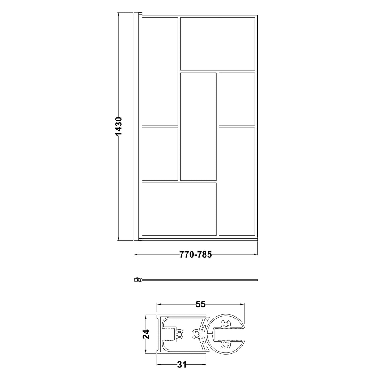 Nuie Abstract Square Hinged Bath Screen - 6mm Glass (H1430 x W775-790mm) Matt Black NSSQBB LD