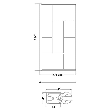 Nuie Abstract Square Hinged Bath Screen - 6mm Glass (H1430 x W775-790mm) Matt Black NSSQBB LD