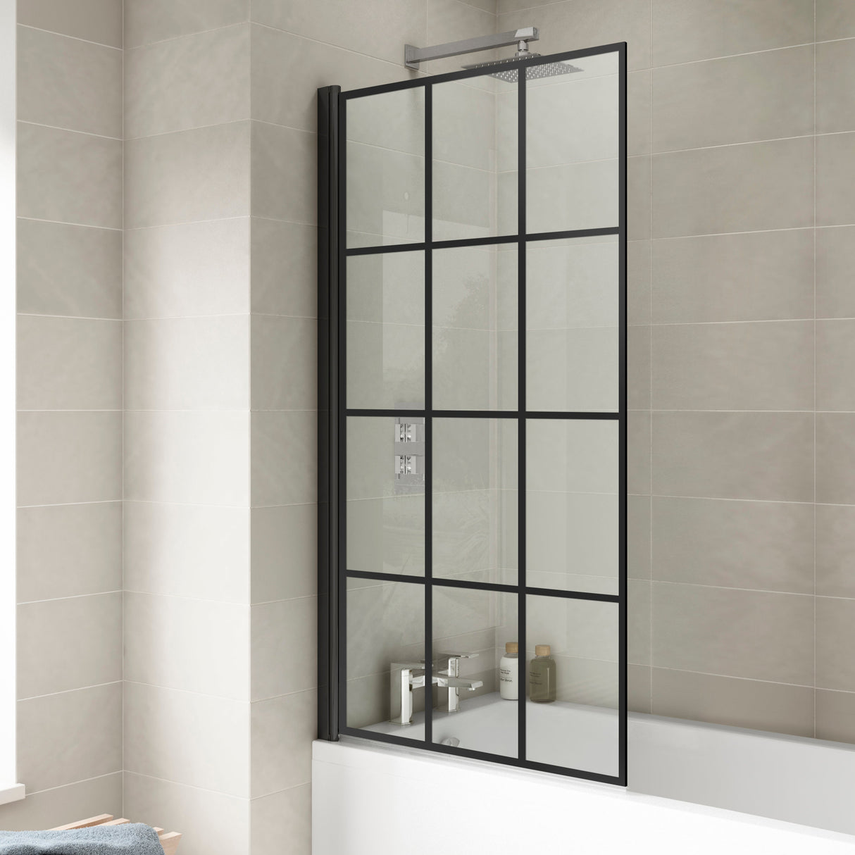 Nuie Square Hinged Bath Screen - 6mm Glass (H1430 x W775-790mm) Matt Black NSSQBF LS2
