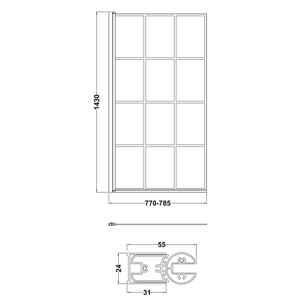 Nuie Square Hinged Bath Screen - 6mm Glass (H1430 x W775-790mm) Matt Black NSSQBF LD