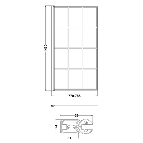 Nuie Square Hinged Bath Screen - 6mm Glass (H1430 x W775-790mm) Matt Black NSSQBF LD