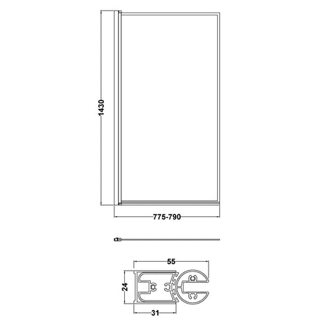 Nuie Square Hinged Framed Bath Screen - 6mm Glass (H1430 x W775-790mm) Matt Black NSSQBFC LD