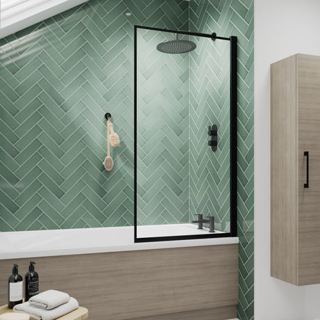 Nuie Square Hinged Framed Bath Screen - 6mm Glass (H1430 x W775-790mm) Matt Black NSSQBFC LS