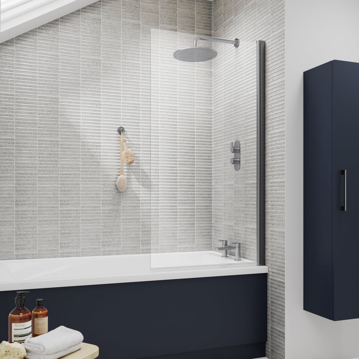 Nuie Square Hinged Bath Screen 6mm Glass (H1430 x W775-790mm) Brushed Pewter NSSQGM LS