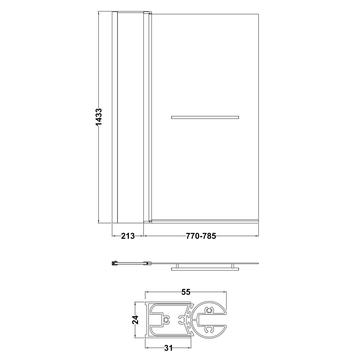 Nuie Square Hinged Bath Screen With Fixed Panel & Rail 6mm Glass Chrome  (H1433 x W983-998mm) NSSQR2 LD