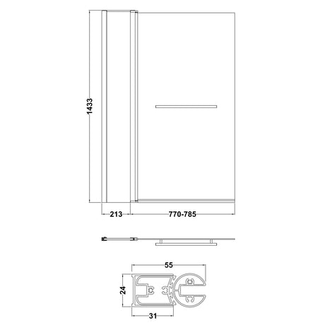 Nuie Square Hinged Bath Screen With Fixed Panel & Rail 6mm Glass Chrome  (H1433 x W983-998mm) NSSQR2 LD