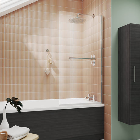 Nuie Square Hinged Bath Screen With Rail 6mm Glass Chrome (H1430 x W770-785mm) NSSQR LS