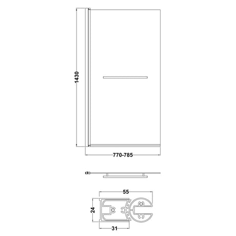 Nuie Square Hinged Bath Screen With Rail 6mm Glass Chrome (H1430 x W770-785mm) NSSQR LD