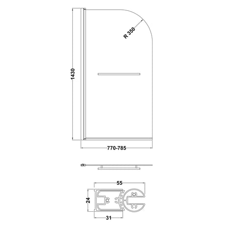 Nuie Round Hinged Bath Screen With Rail 6mm Glass (H1430 x W775-790mm) NSSR1 LD