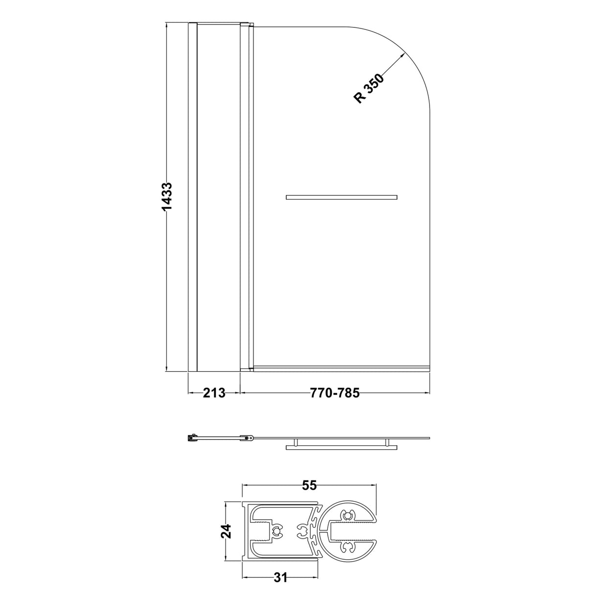 Nuie Round Hinged Bath Screen With Fixed Panel & Rail 6mm Glass (H1433 x W983-998mm) NSSR2 LD