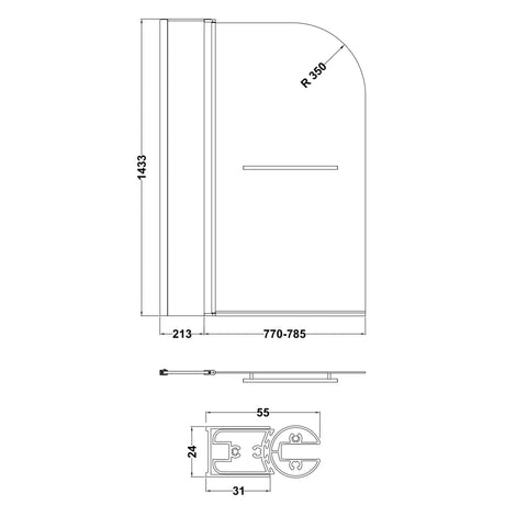 Nuie Round Hinged Bath Screen With Fixed Panel & Rail 6mm Glass (H1433 x W983-998mm) NSSR2 LD