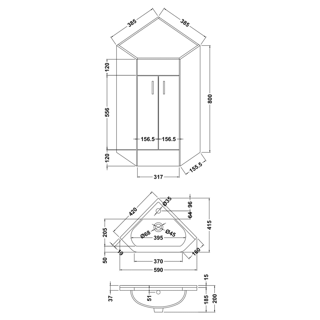 Nuie Mayford Floor Standing 2 Door Corner Vanity Unit & Basin Gloss White Gloss White NVC180A LD