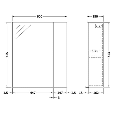Nuie Fusion 2 Door 75/25 Wall Hung Mirrored Cabinet W600mm Gloss White OFF118 LD