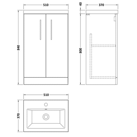 Nuie Arno Compact 500mm Floor Standing 2 Door Vanity Unit & Basin Charcoal Black PAL005E LD