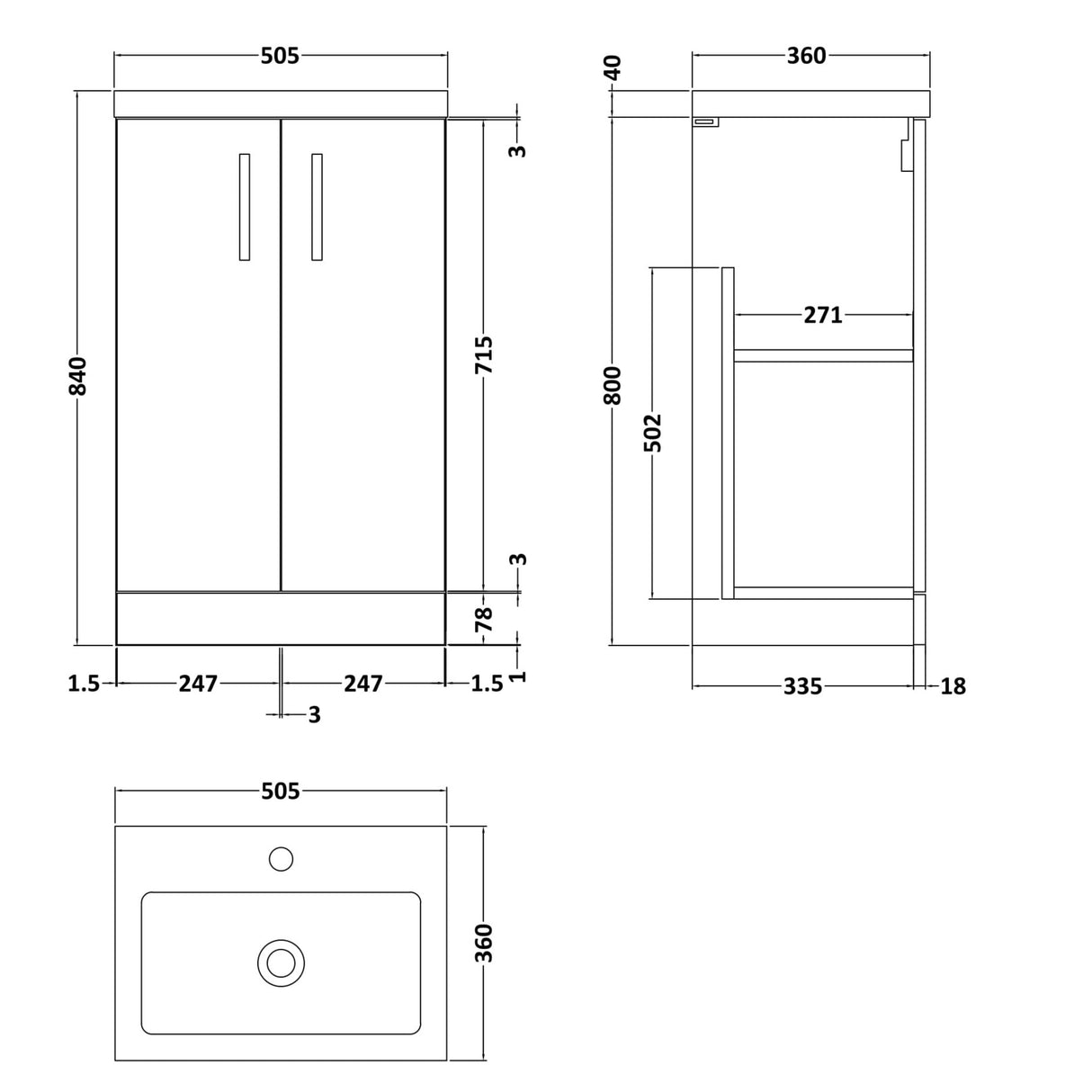 Nuie Arno Compact 500mm Floor Standing 2 Door Vanity Unit & Basin Gloss White PAL006 LD