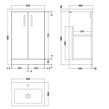 Nuie Arno Compact 500mm Floor Standing 2 Door Vanity Unit & Basin Gloss White PAL006 LD
