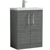 Nuie Arno Compact 600mm Floor Standing 2 Door Vanity Unit & Basin Anthracite Woodgrain PAL025