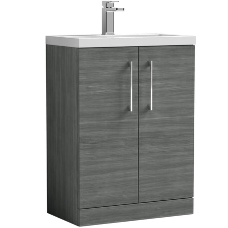 Nuie Arno Compact 600mm Floor Standing 2 Door Vanity Unit & Basin Anthracite Woodgrain PAL025
