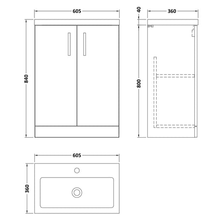 Nuie Arno Compact 600mm Floor Standing 2 Door Vanity Unit & Basin Anthracite Woodgrain PAL025 LD