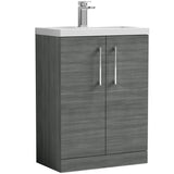 Nuie Arno Compact 600mm Floor Standing 2 Door Vanity Unit & Basin Anthracite Woodgrain PAL025E