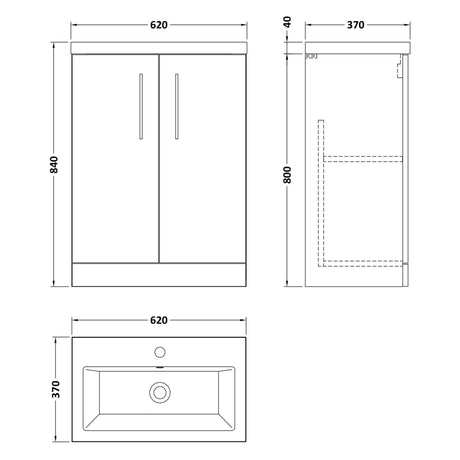 Nuie Arno Compact 600mm Floor Standing 2 Door Vanity Unit & Basin Anthracite Woodgrain PAL025E LD