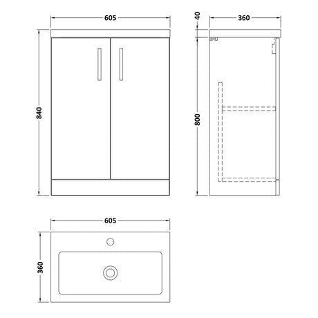 Nuie Arno Compact 600mm Floor Standing 2 Door Vanity Unit & Basin Charcoal Black PAL026 LD
