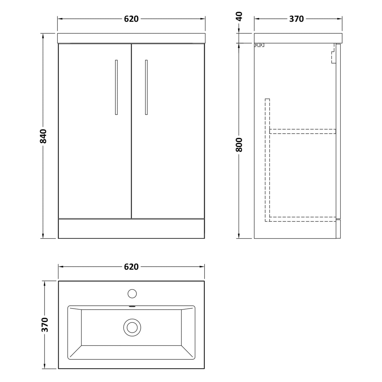 Nuie Arno Compact 600mm Floor Standing 2 Door Vanity Unit & Basin Charcoal Black PAL026E LD